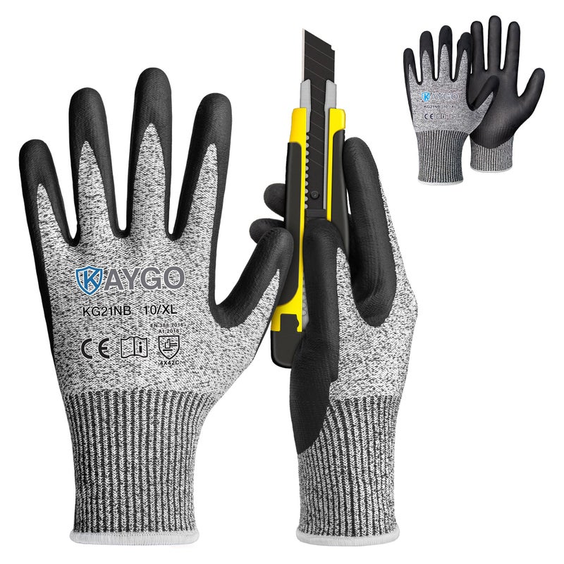 KAYGO 2 Pairs A3 Cut Resistant Gloves for Men and Women, ANSI Cut Level A3 Nitrile Micro-Foam Safety Gloves KG21NB, Durable, Ideal for Wood Carving, Glass Handling, Construction, Fishing, XL, Grey - Image 1
